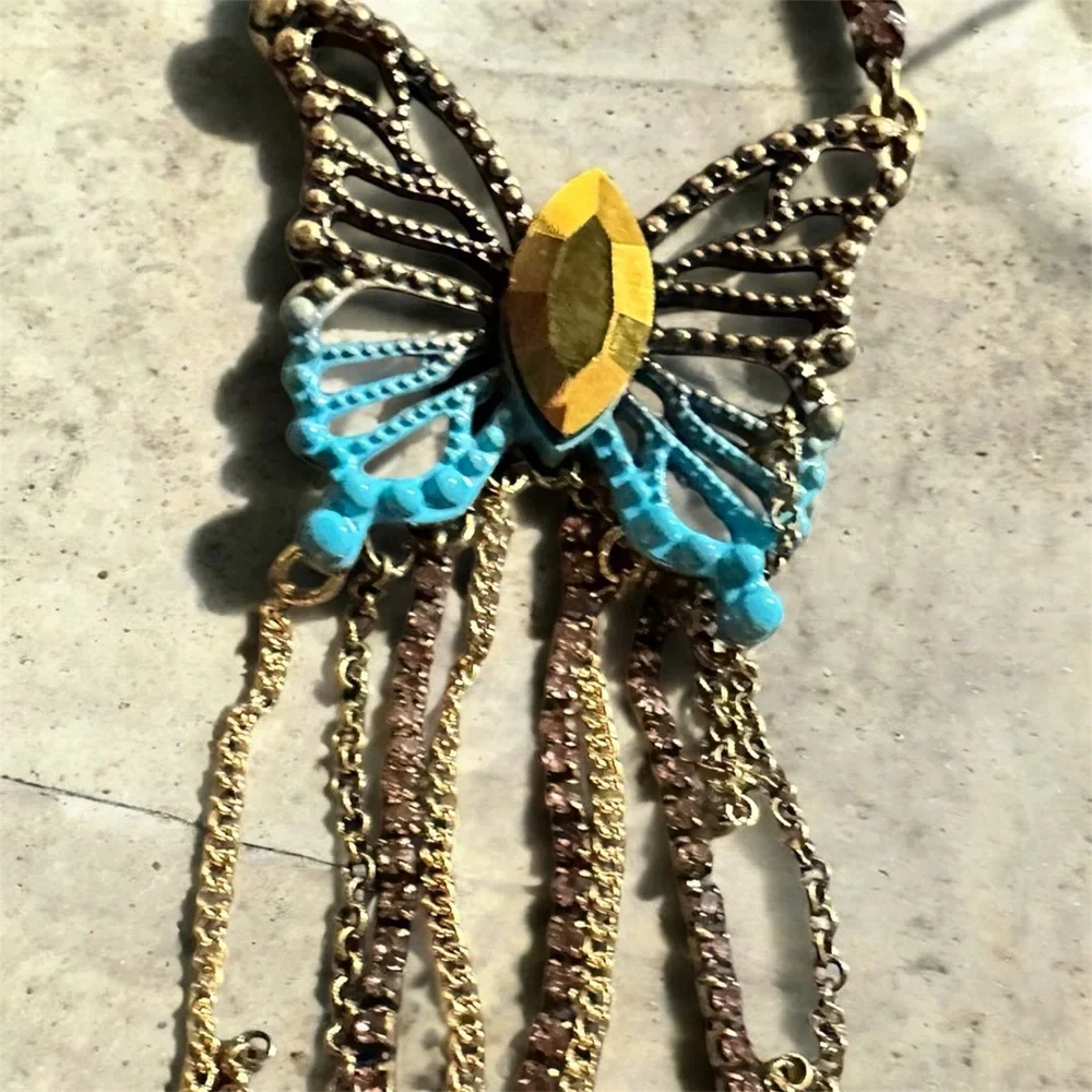 NWT Betsey Johnson Faux Stone Boho Butterfly Fringe Pendant Necklace - Picture 3 of 9